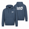 Airforce blue hoodies with white branding, front view and back view tucked behind on the right