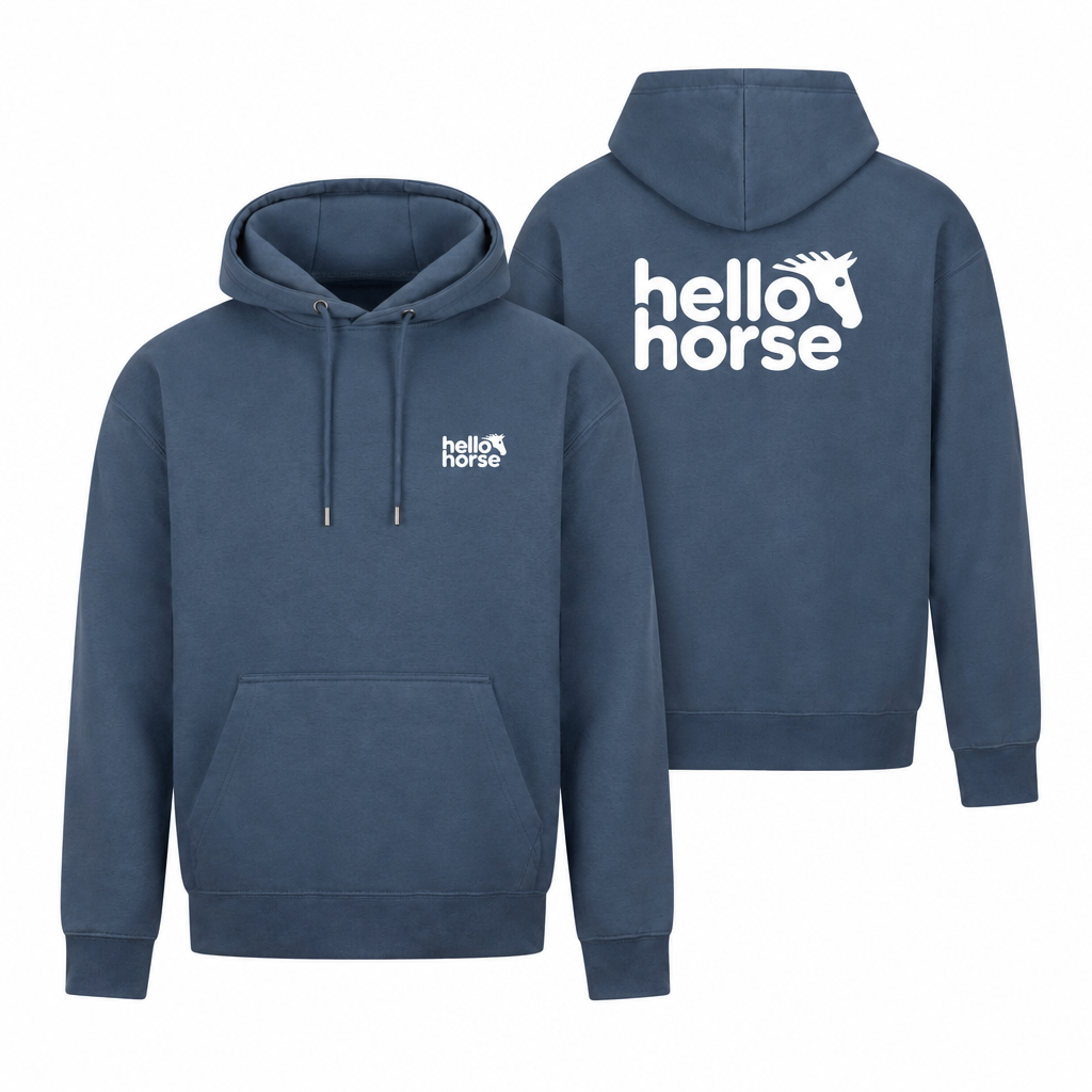 Airforce blue hoodies with white branding, front view and back view tucked behind on the right