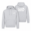 Ash hoodies, front and back with white branding