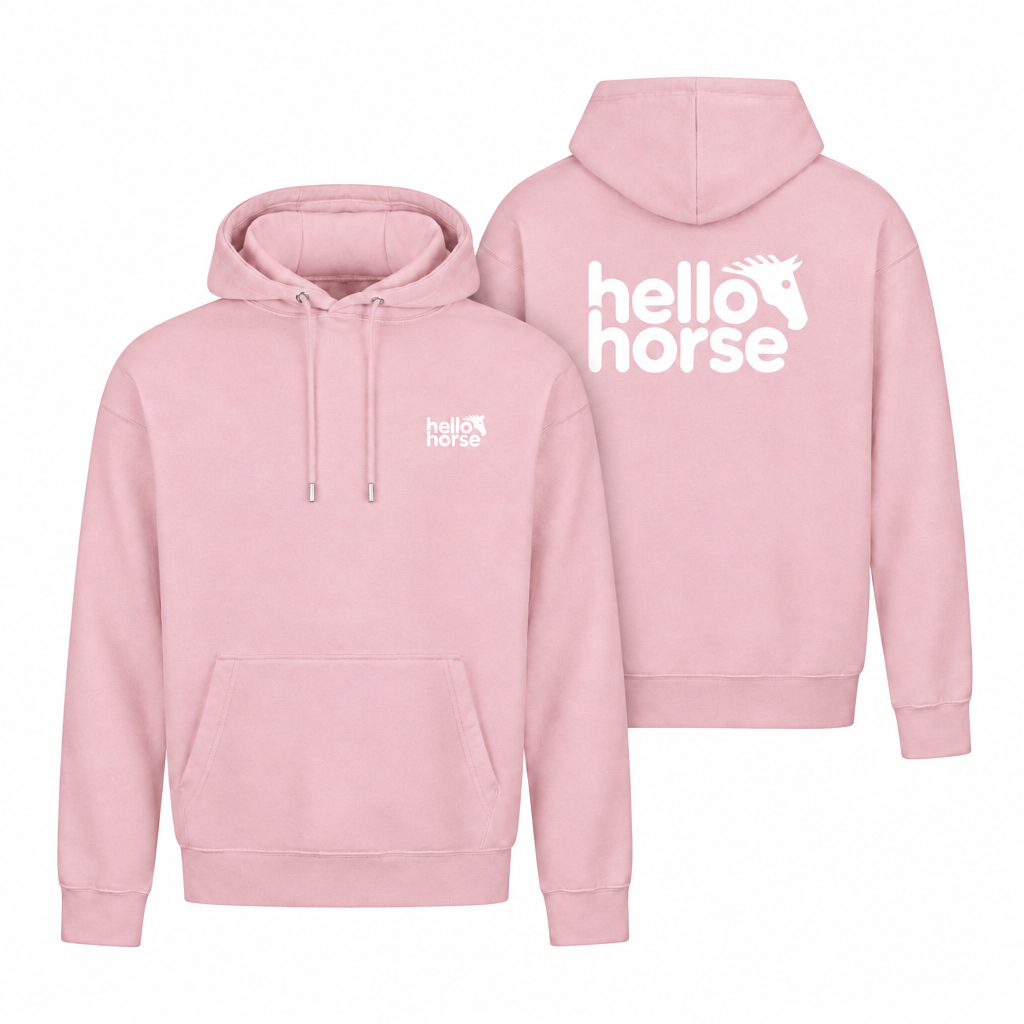Baby pink hoodies with white logos, front view and back view tucked behind on the right