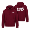 Burgundy hoodie front and back with white logos