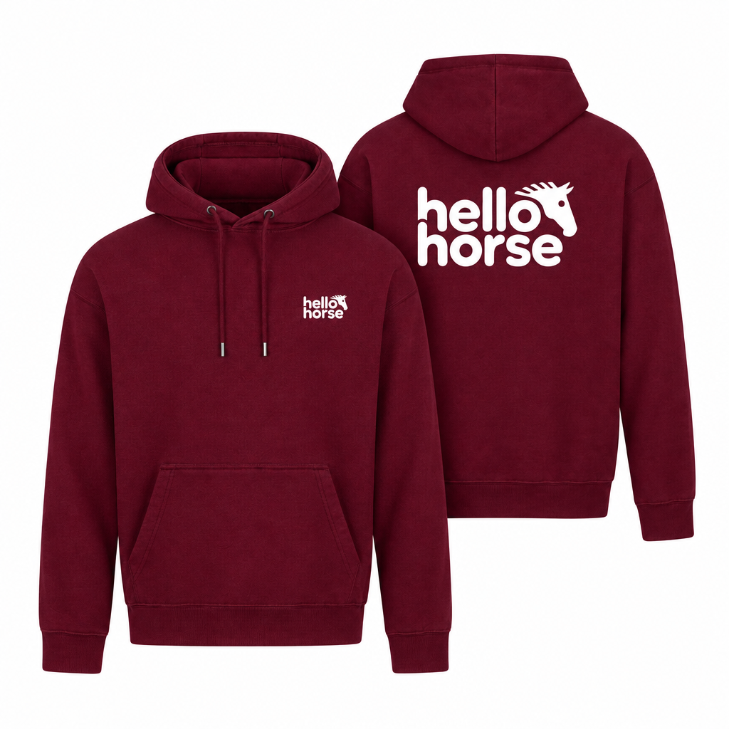 Burgundy hoodie front and back with white logos