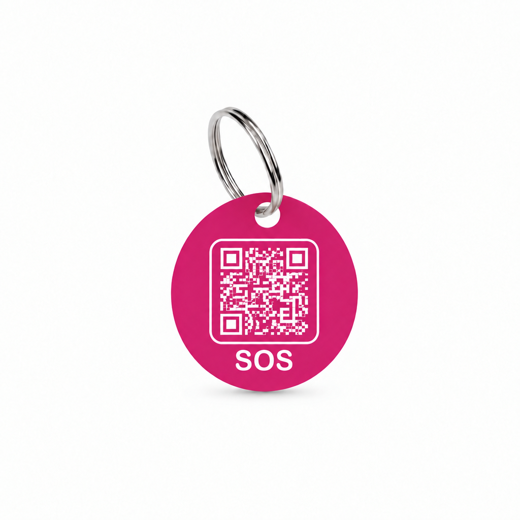 Dark pink tag with white SOS artwork