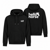 Deep black hoodies with white logos, front view and back view tucked behind on the right