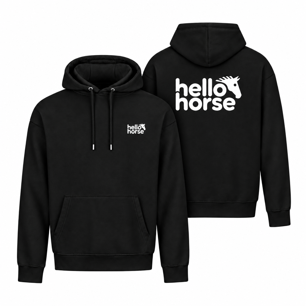 Deep black hoodies with white logos, front view and back view tucked behind on the right