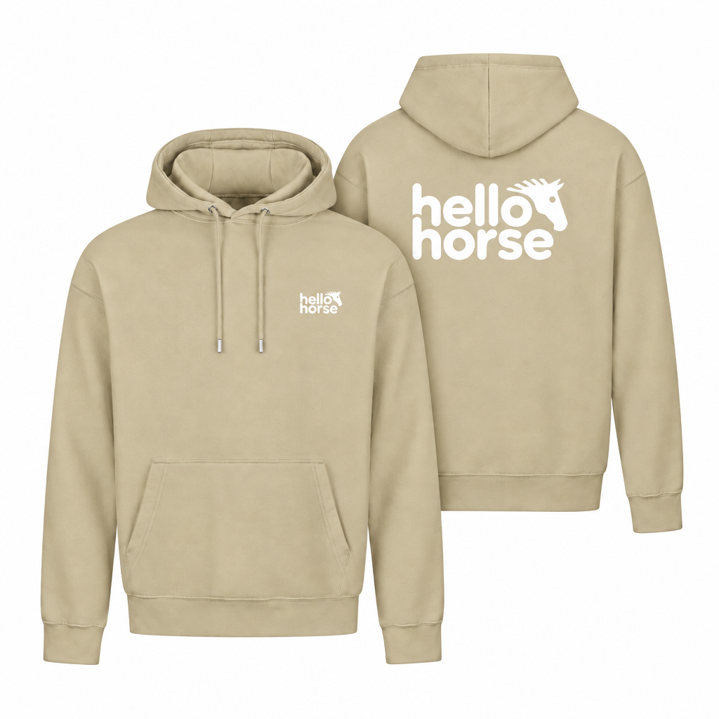Desert Sand hoodies with white front and back branding