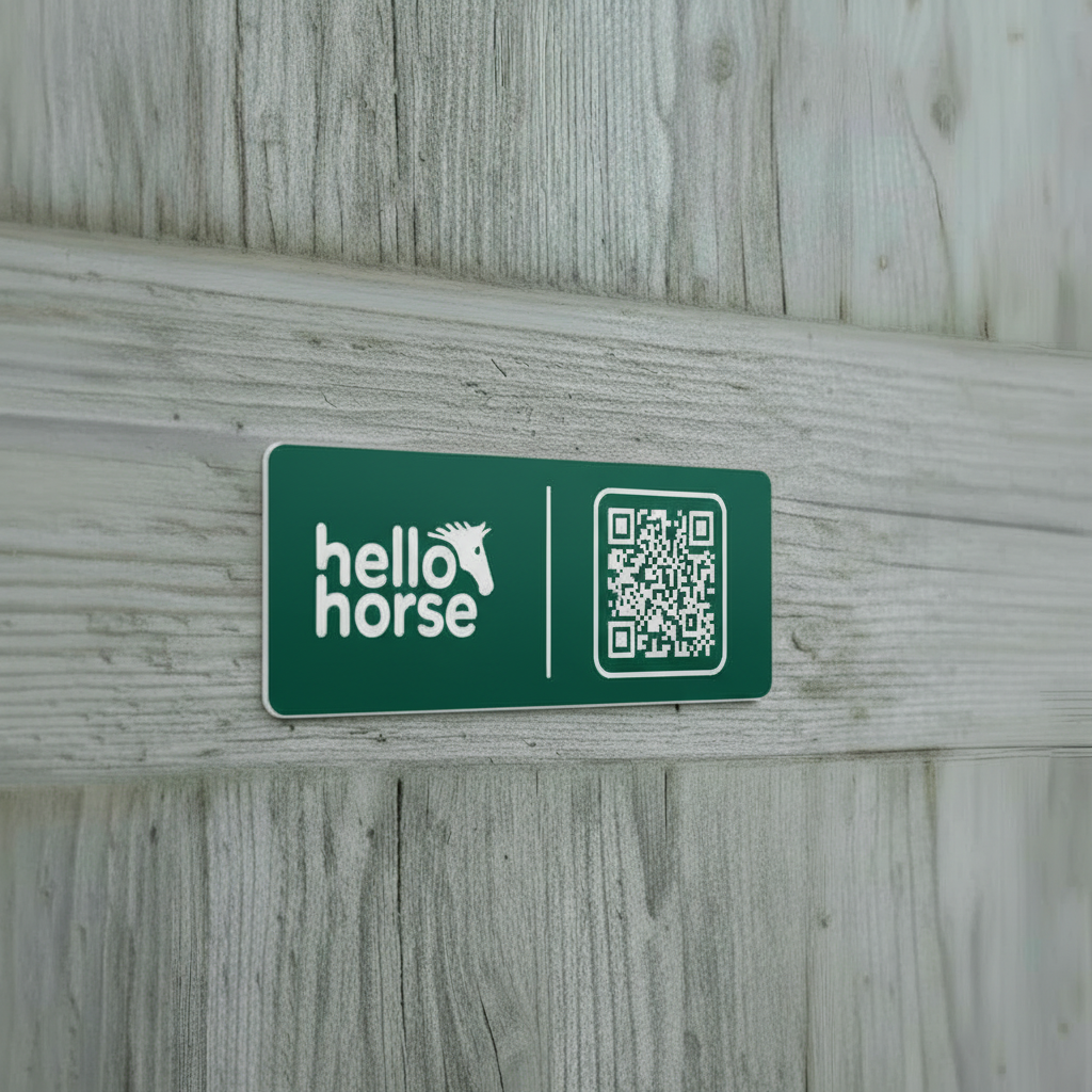 Evergreen teal Hello Horse plate on grey wood