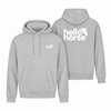 Heather Grey hoodies, front and back with white branding