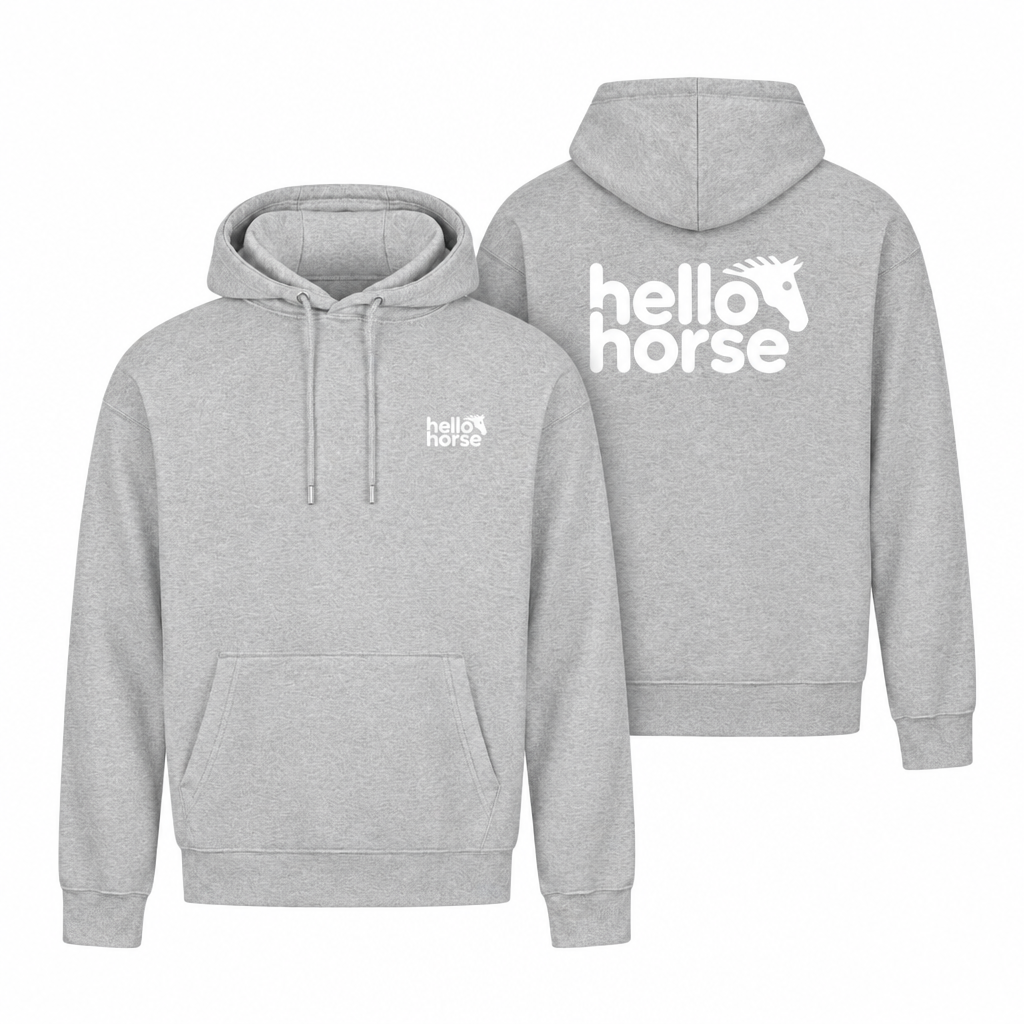 Heather Grey hoodies, front and back with white branding