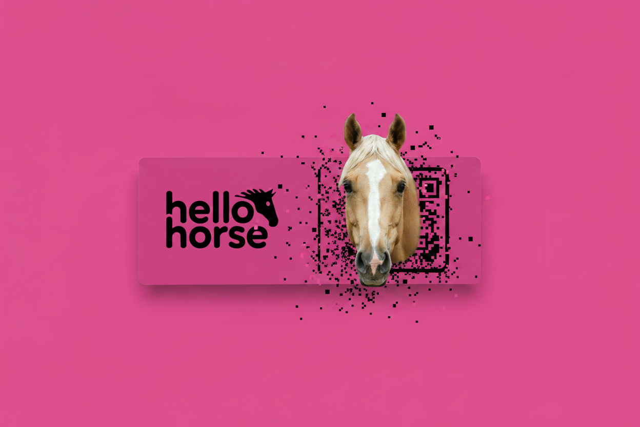 Horse head popping through QR code on Hello Horse plate