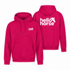 Hot pink hoodie front and back with white logos
