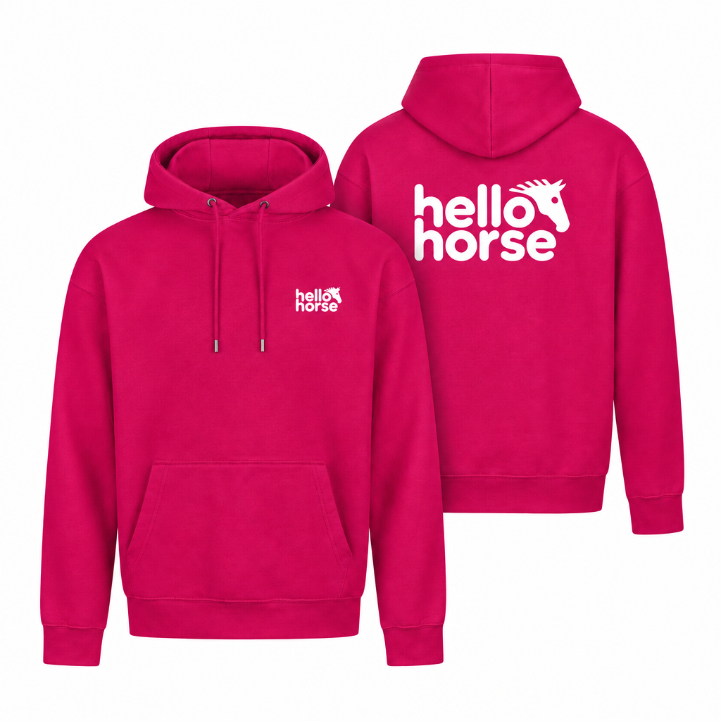 Hot pink hoodie front and back with white logos