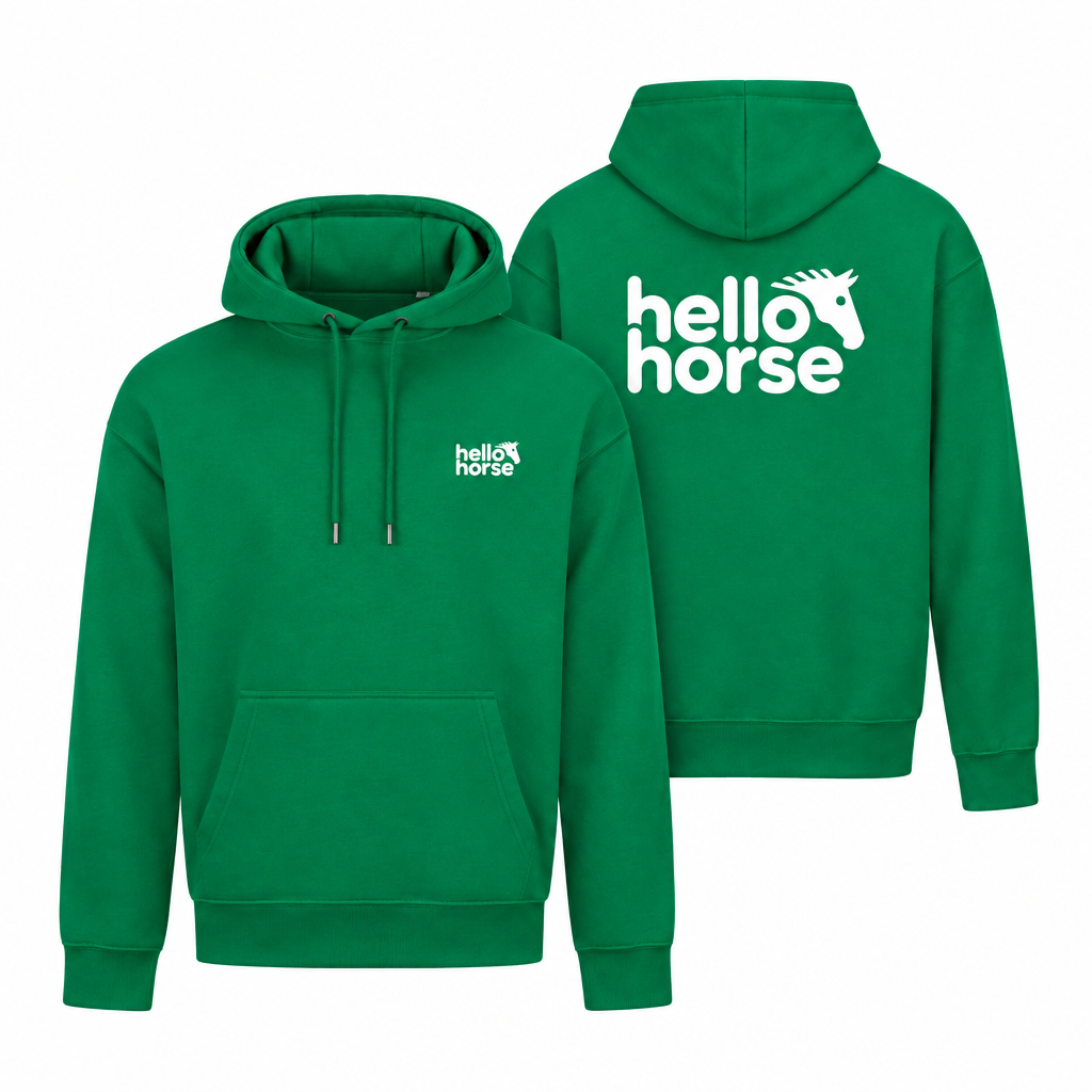 Kelly Green hoodies with white branding, front view and back view tucked behind on the right