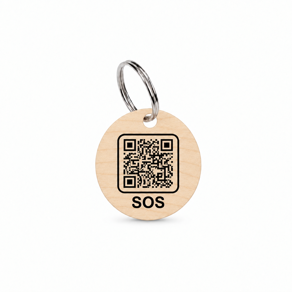 Maple wood tag with black SOS artwork