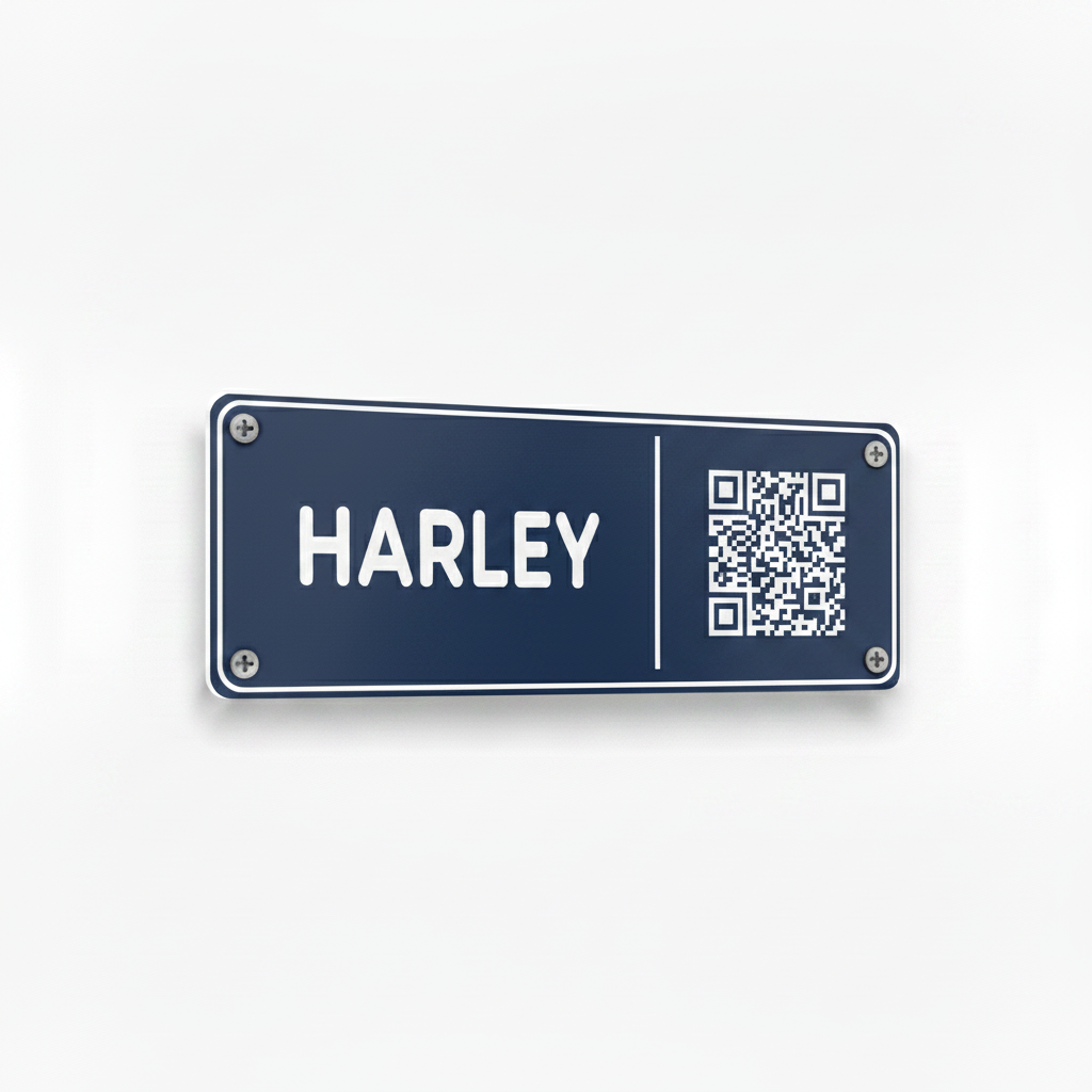 Navy blue Harley stable plate with white frame and QR code