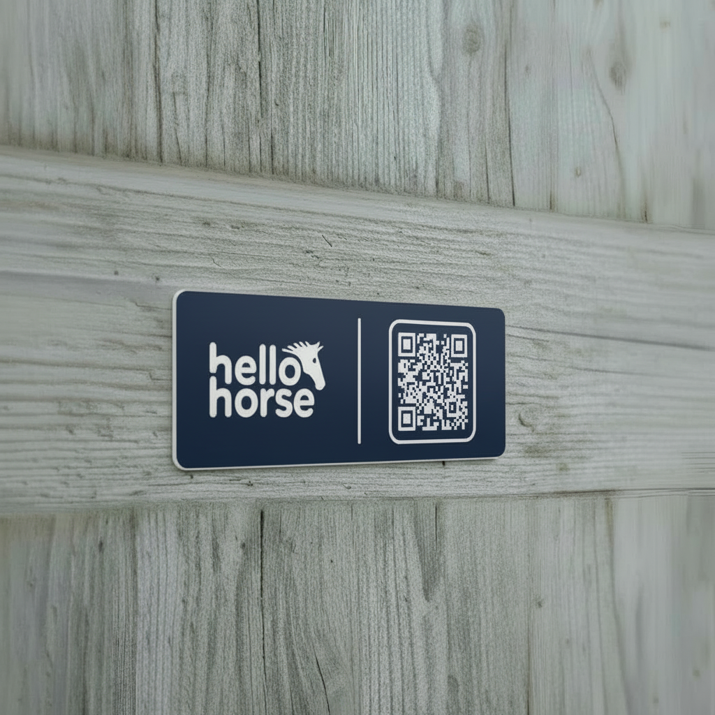 Navy Hello Horse plate on grey wood