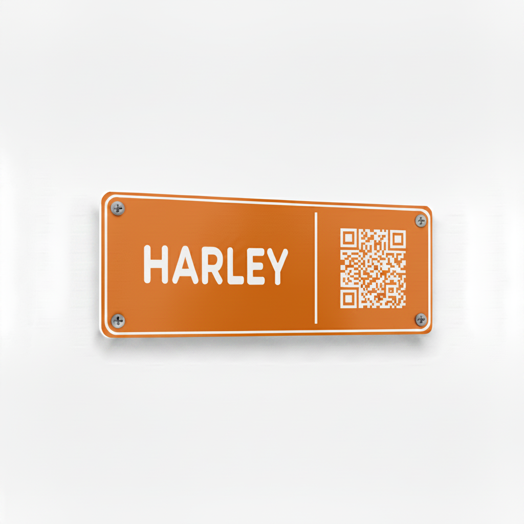 Orange Harley stable plate with white frame