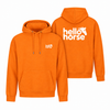 Orange hoodie front and back with white logos