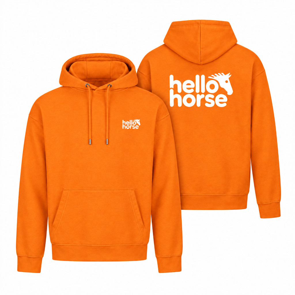 Orange hoodie front and back with white logos