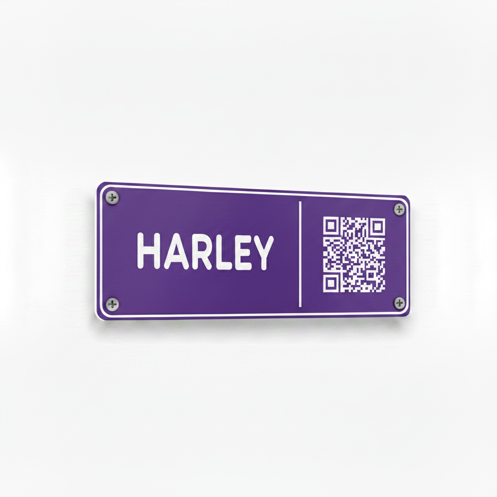Purple Harley stable plate with white frame