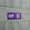 Purple Hello Horse plate on grey wood