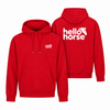 Red hoodie front and back with white logos