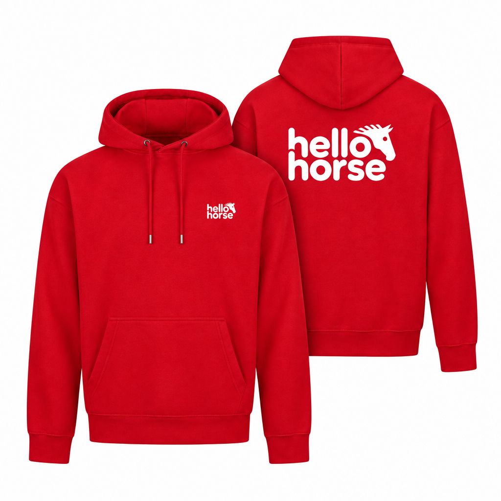 Red hoodie front and back with white logos