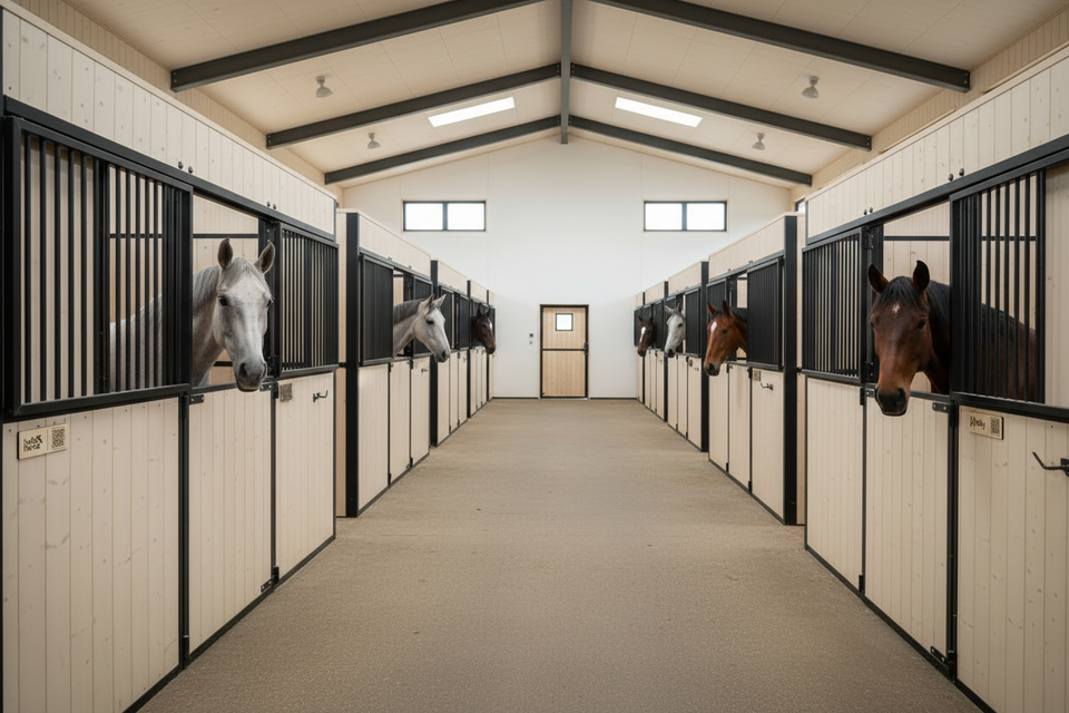 Scandinavian stable with black doors and single top plates