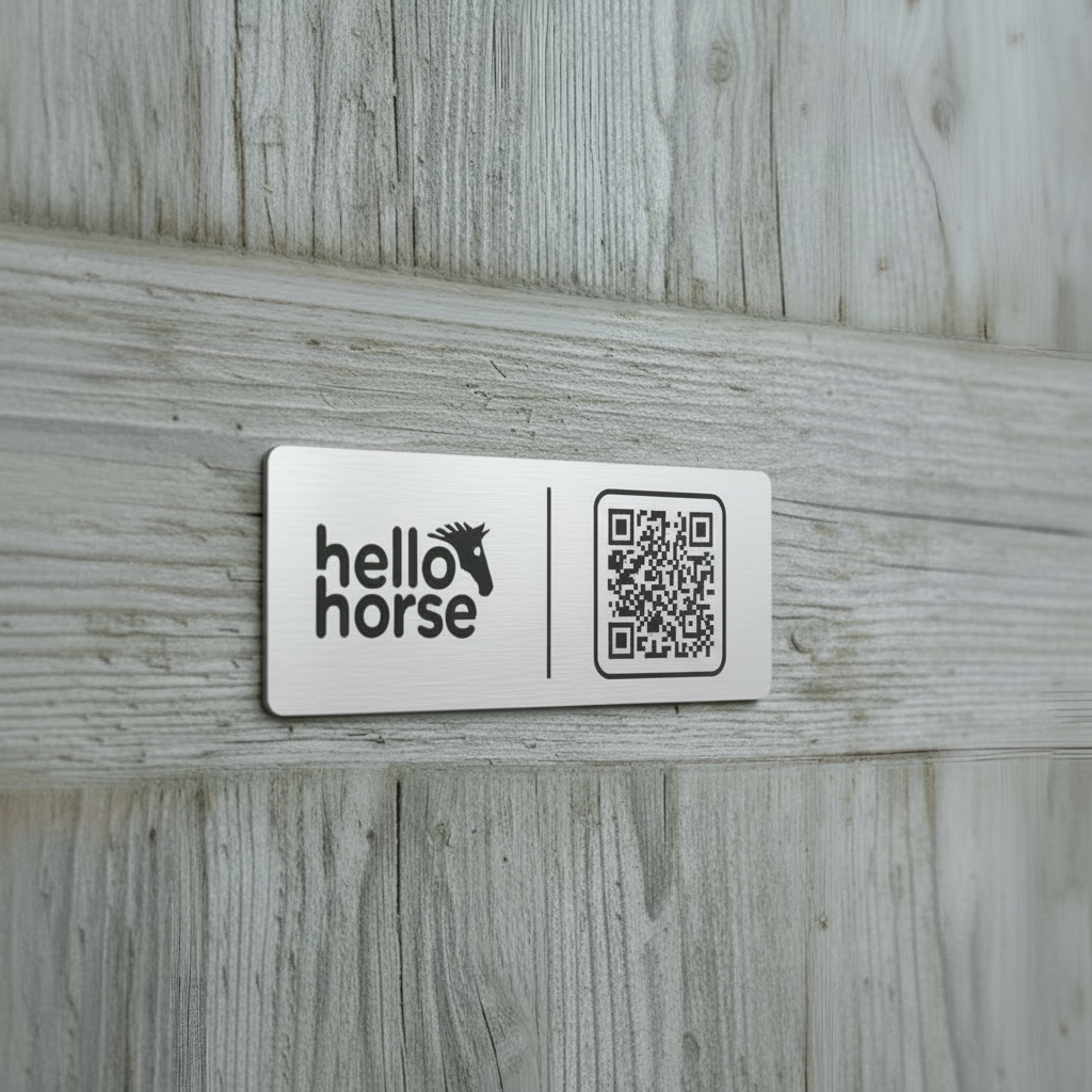 Silver Hello Horse plate on grey wood