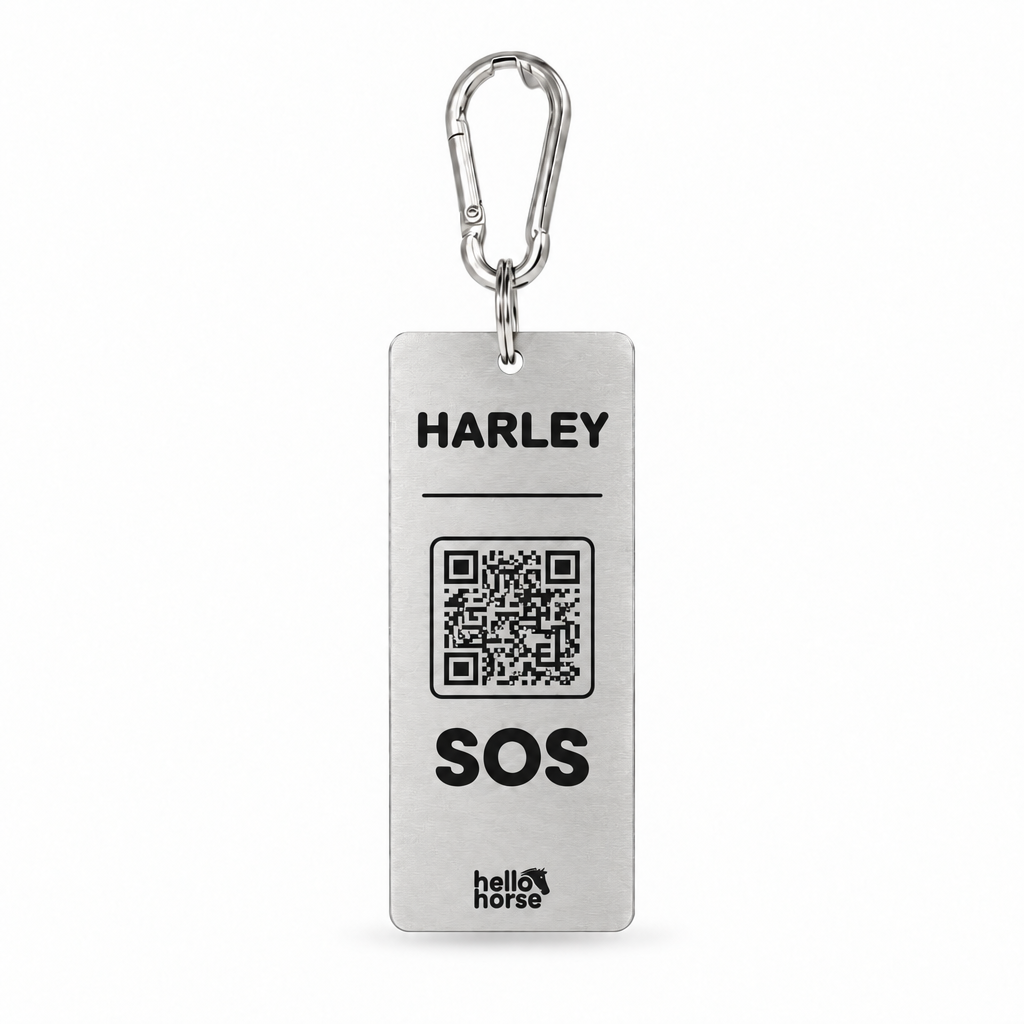 Silver SOS tag with black artwork