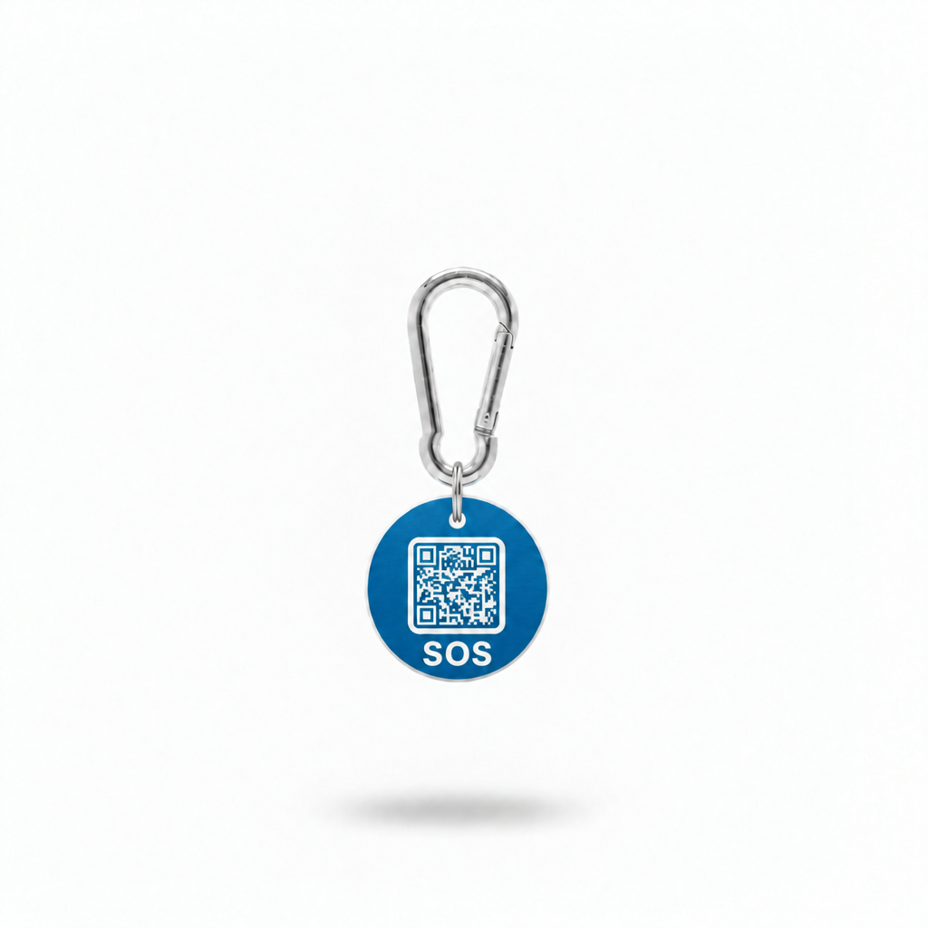 Slightly darker blue SOS tag on carabiner