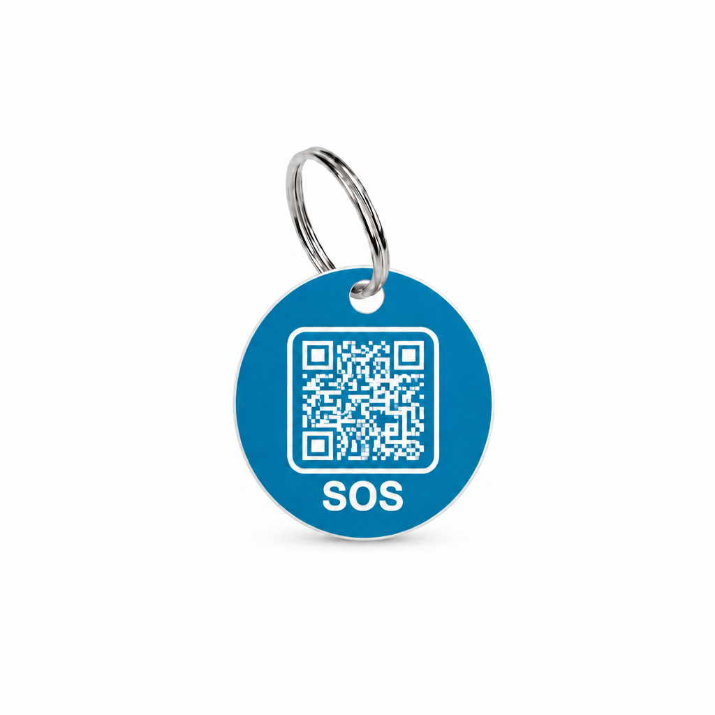 Slightly darker blue SOS tag on split ring