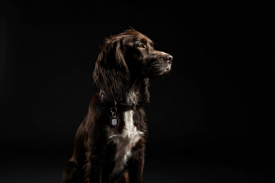 Spaniel burgundy tag black background