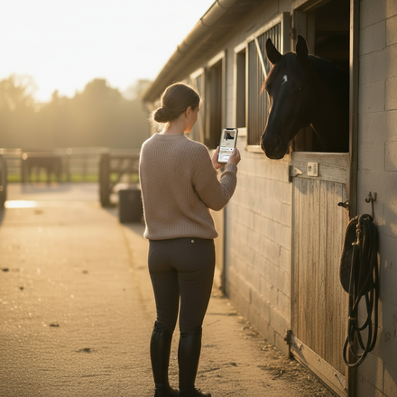 Stable scene with full-sized TB horse filling the window