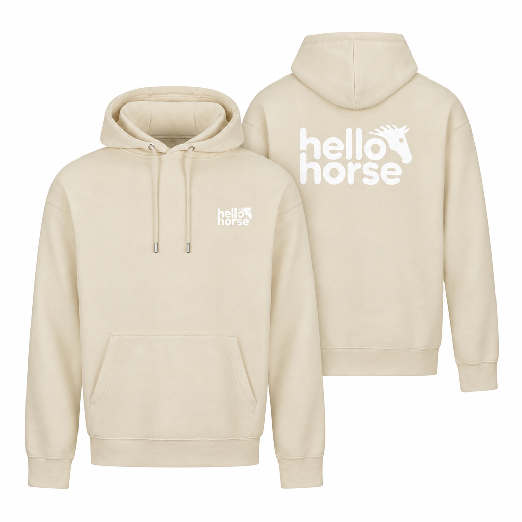 Vanilla Milk hoodies with white branding, front view and back view tucked behind on the right