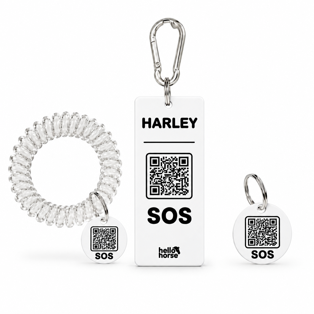 White Hello Horse tag set with black artwork