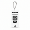 White horse SOS tag with black text, divider and QR code