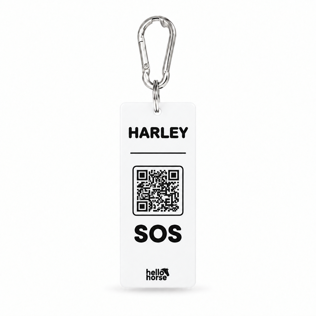 White horse SOS tag with black text, divider and QR code