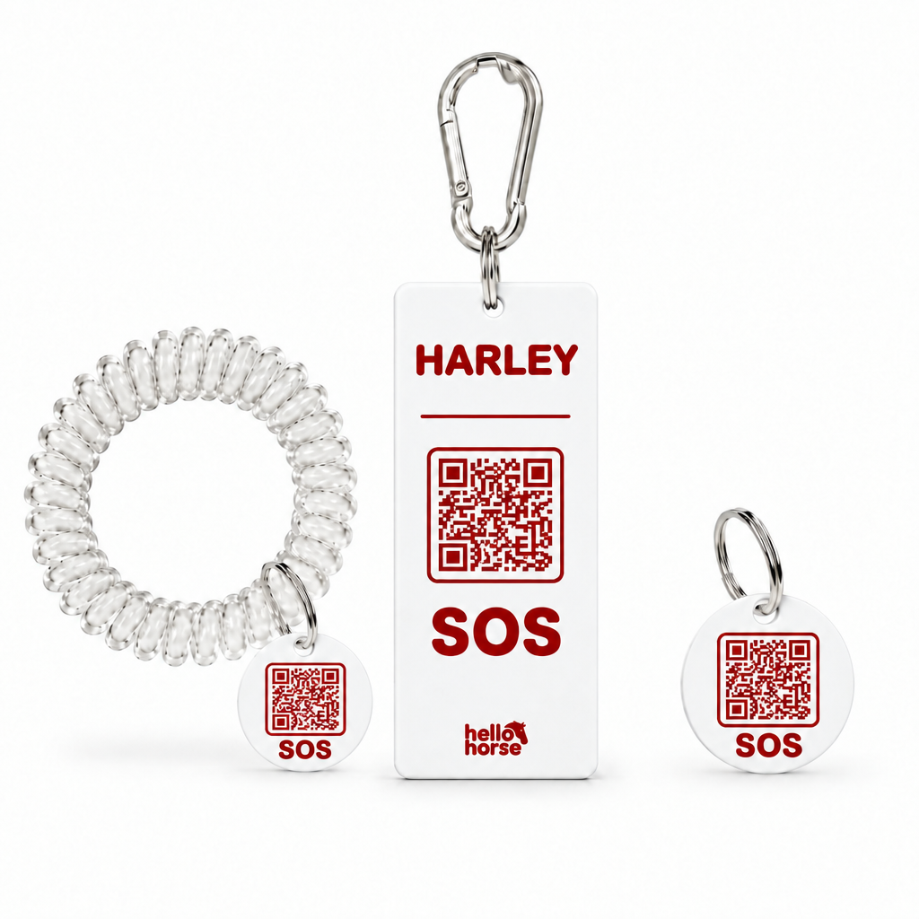 White tag set with deep red artwork