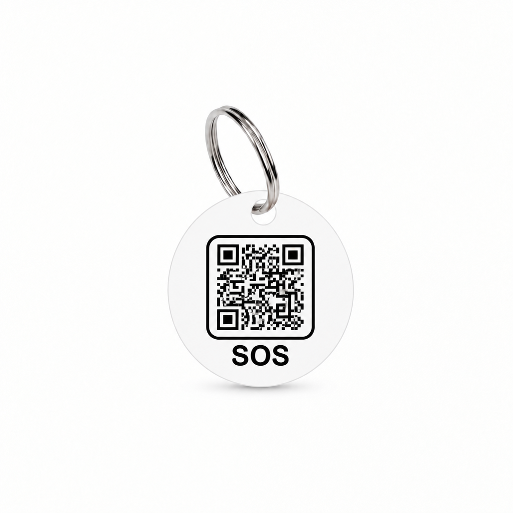White tag with black SOS artwork