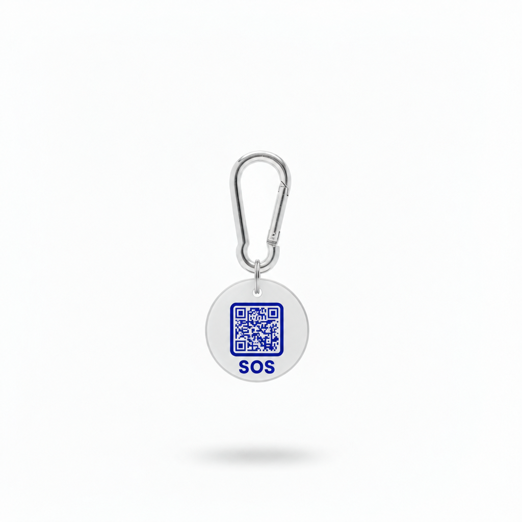 White tag with blue SOS artwork