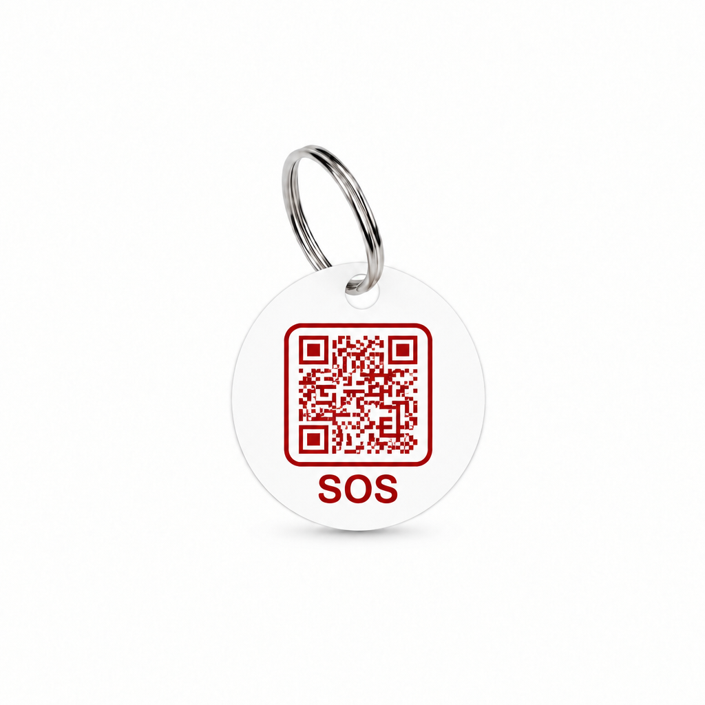 White tag with red SOS artwork