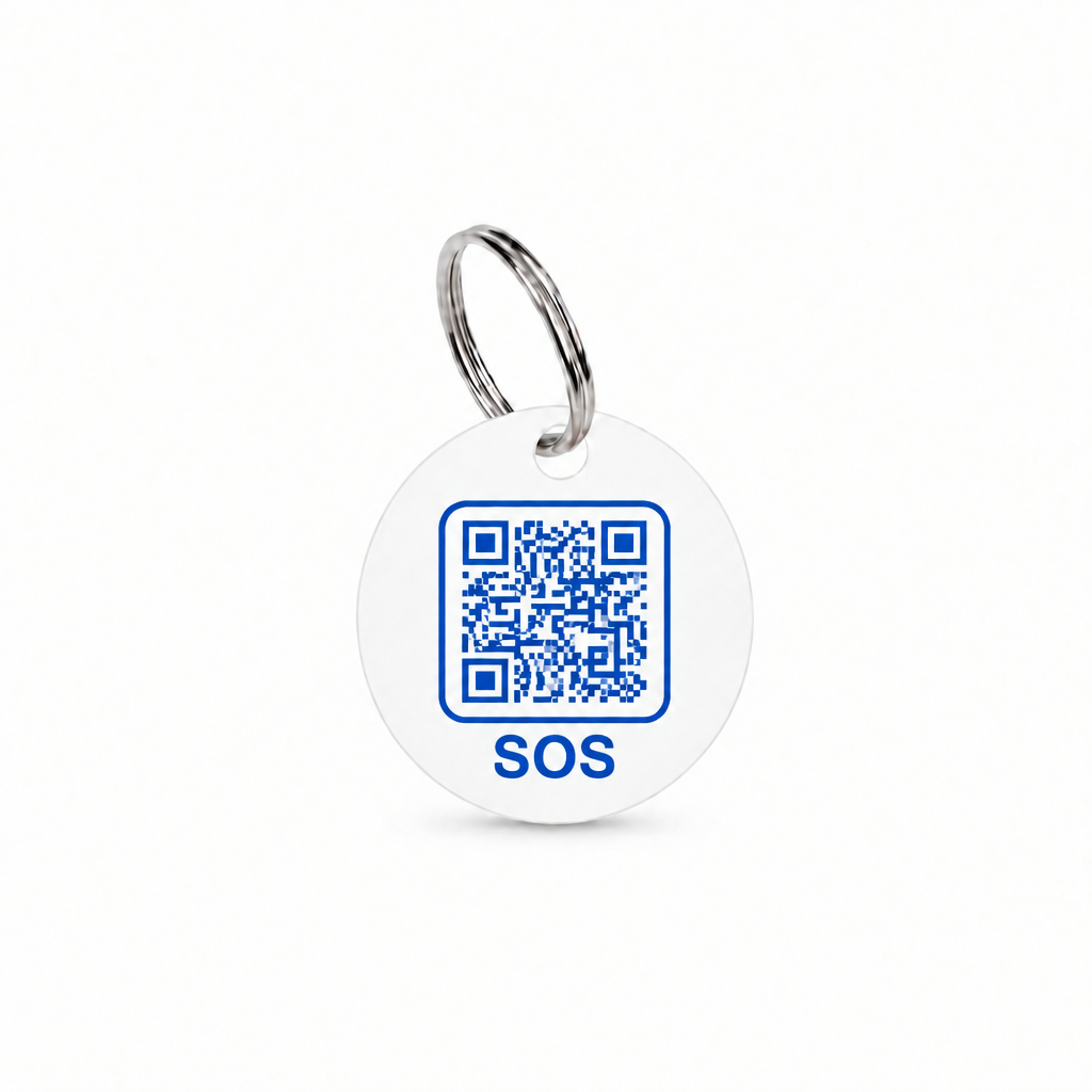 White tag with slightly darker blue SOS artwork